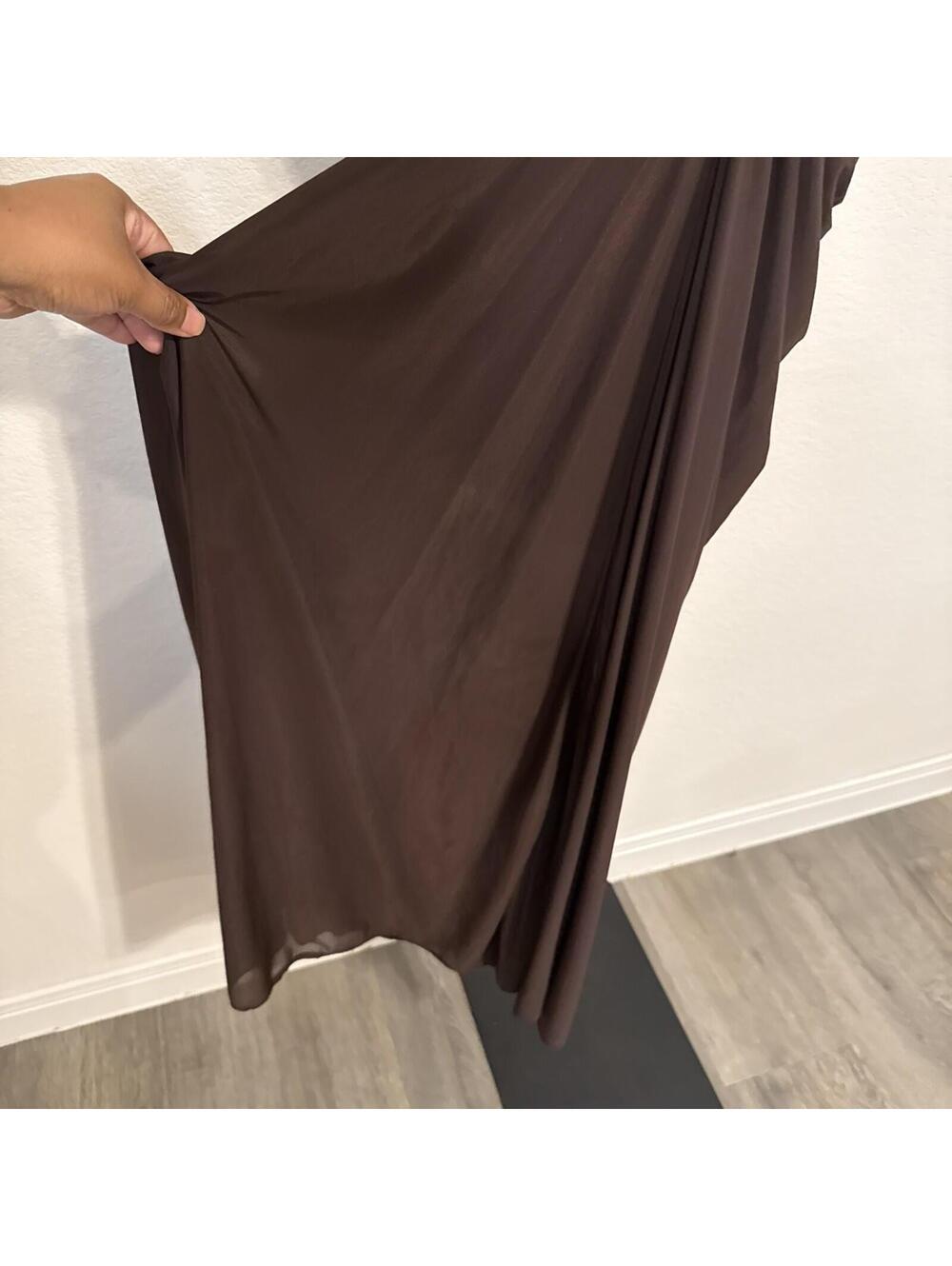 Ronny Kobo Anya Spaghetti Strap Brown Ruched Maxi Cocktail Dress - XL - Picture 6 of 12